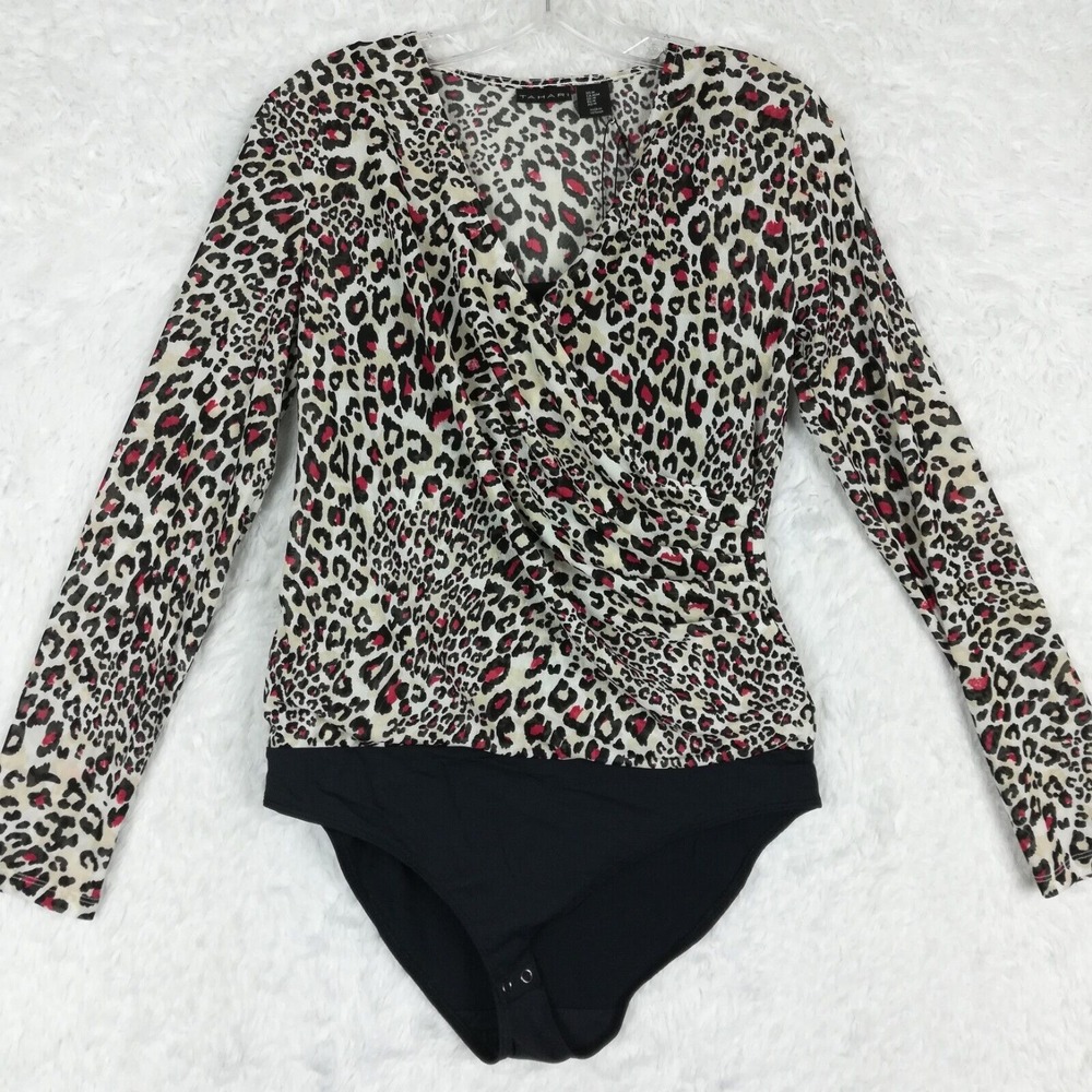 Tahari Womens Top Bodysuit Leopard Print My Perfect Shape Mesh Long Sleeve M New